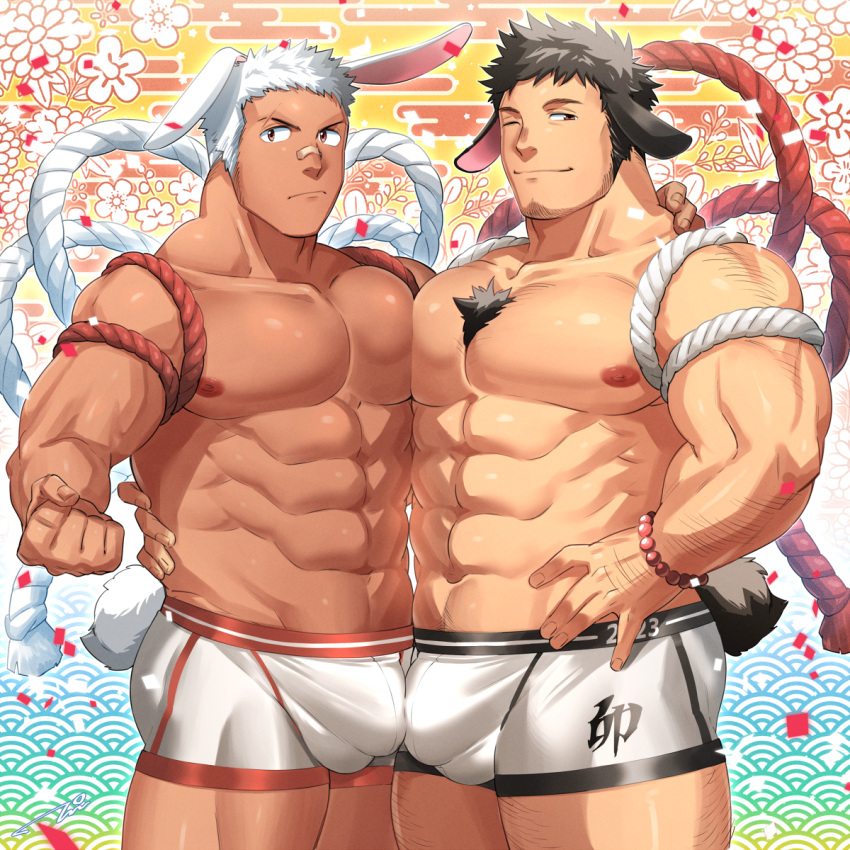 2boys abs animal_ears bandaid bara beads biceps black_hair cable chest_hair chinese_new_year colorful facial_hair feet_out_of_frame flower hairy hand_on_another's_hip highres hug large_pectorals male_focus male_underwear manboobs manly mature_male multicolored_background multiple_boys muscular muscular_male navel nipples one_eye_closed original pectoral_docking pectoral_press pectorals rabbit_ears scar short_hair shorts smile spiked_hair stubble tail tan tepen_(tptptpn) thick_arms underwear water waves white_hair yellow_eyes