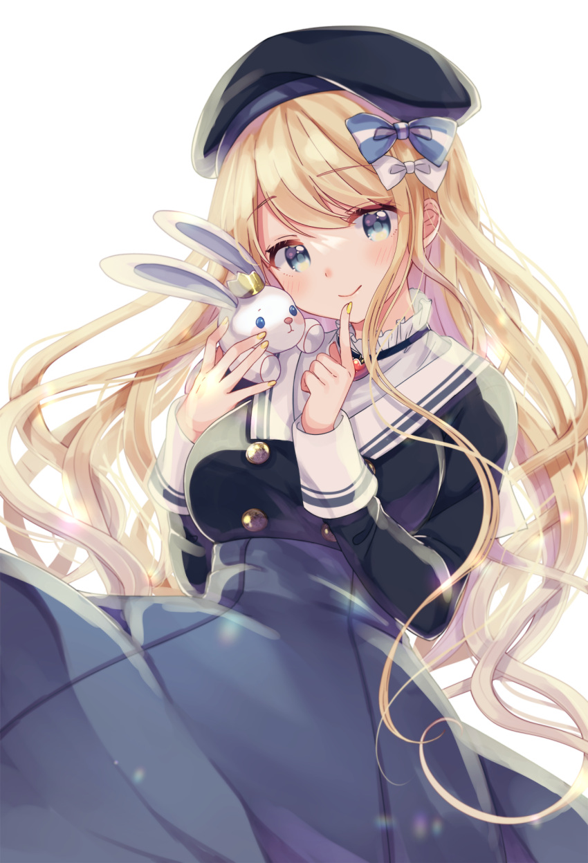 1girl alicetea beret blonde_hair breasts buttons closed_mouth double-breasted emori_miku_project emu_alice frilled_shirt_collar frills gomano_rio grey_skirt hat high-waist_skirt highres large_breasts long_hair long_sleeves looking_at_viewer nail_polish sailor_collar skirt smile solo white_sailor_collar wrist_cuffs yellow_nails