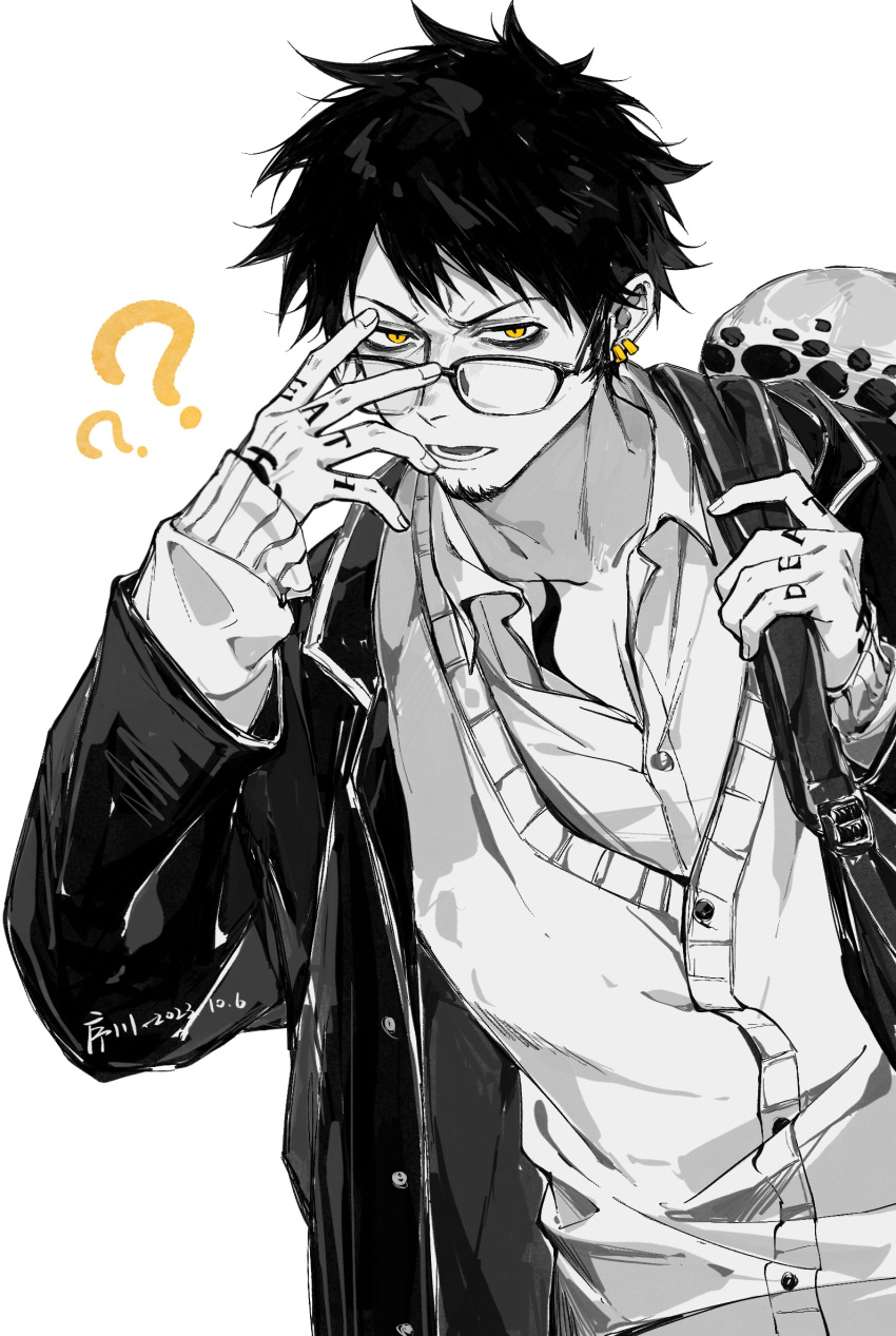 1boy ? ?? adjusting_eyewear bag bags_under_eyes black_hair cardigan earrings facial_hair gakuran glasses greyscale hand_on_eyewear hand_tattoo hands_up hat highres holding holding_bag jewelry jyukawa long_sleeves male_focus monochrome one_piece open_clothes open_shirt parted_lips school_uniform short_hair solo spot_color tattoo trafalgar_law unworn_hat unworn_headwear yellow_eyes