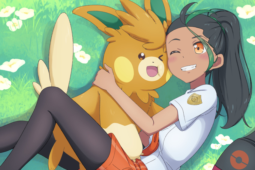 1girl affectionate bag_removed black_hair blush commentary dark-skinned_female dark_skin day flower from_above grass grin highres logo long_hair lying multicolored_hair necktie nemona_(pokemon) on_side one_eye_closed orange_eyes orange_necktie orange_shorts outdoors pantyhose pantyhose_under_shorts pawmot pokemon pokemon_(creature) pokemon_(game) pokemon_sv ponytail scarletsky shirt short_sleeves shorts smile teeth two-tone_hair white_flower white_shirt