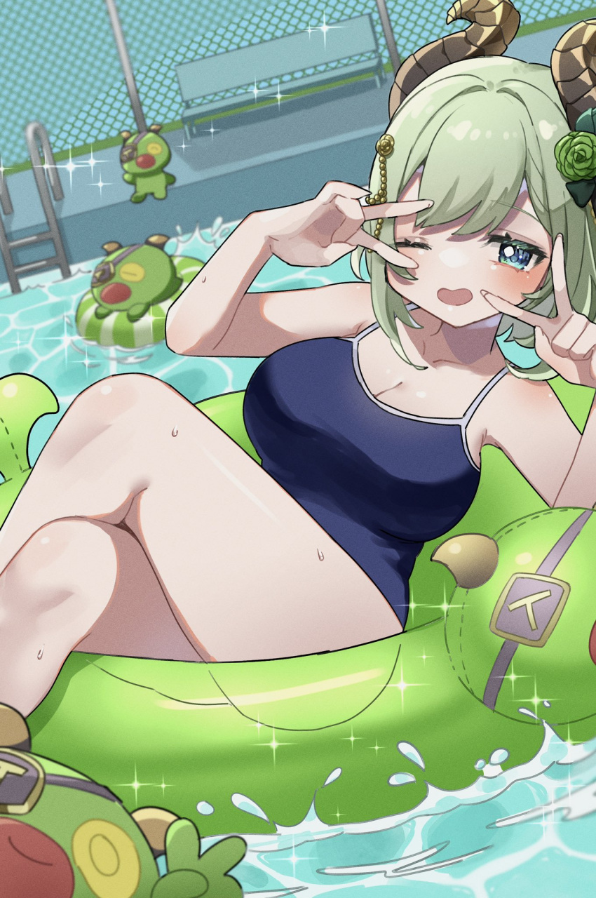 1girl alternate_costume bench blue_eyes blue_one-piece_swimsuit blush breasts brown_horns chain-link_fence commentary_request creature crossed_legs curled_horns demon_girl demon_horns double_v dutch_angle feet_out_of_frame fence flower green_flower green_hair green_innertube green_rose hair_flower hair_intakes hair_ornament highres horns large_breasts looking_at_viewer medium_bangs nanashi_inc. one-piece_swimsuit one_eye_closed open_mouth pool rose sekishiro_mico short_hair smile solo splashing swimsuit tamotsu_(mary) v v_over_eye virtual_youtuber water