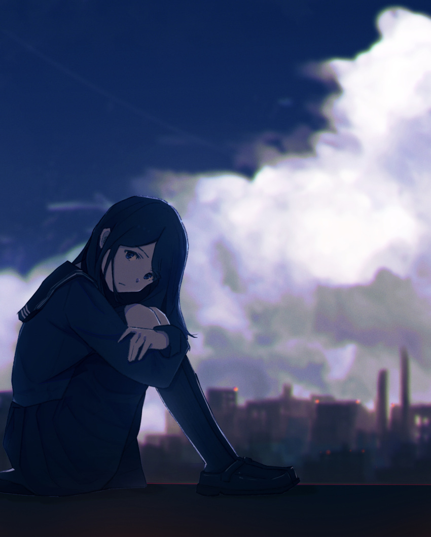 1girl absurdres arms_on_knees black_eyes black_footwear black_hair black_sailor_collar black_serafuku black_shirt black_skirt black_socks blue_sky city city_lights closed_mouth cloud cloudy_sky contrail dot_nose from_side frown full_body highres kneehighs knees_to_chest leaning_forward legs_together loafers long_hair long_sleeves looking_at_viewer miniskirt oka_kojiro original parted_bangs pleated_skirt sailor_collar school_uniform serafuku shirt shoes sidelocks sitting skirt sky smokestack socks solo straight_hair