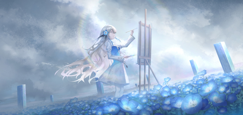 1girl absurdres blue_dress blue_flower blue_hair canvas_(object) cloud dress easel field floating_hair flower flower_field gradient_dress grey_eyes grey_hair hair_flower hair_ornament highres holding holding_paintbrush holding_palette incredibly_absurdres isekai_joucho kamitsubaki_studio long_hair long_sleeves multicolored_hair outdoors overcast paintbrush painting_(action) palette_(object) pantyhose pine50 sky smile solo two-tone_dress two-tone_hair very_long_hair virtual_youtuber white_dress white_pantyhose