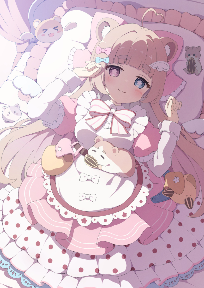 1girl animal_ear_fluff animal_ears bag blue_eyes blunt_bangs blush bow breasts brown_hair commission dress flower-shaped_pupils frills from_above hair_bow hair_ornament hairpin hamster hamster_ears hamster_girl heterochromia highres long_hair long_sleeves looking_at_viewer lying medium_breasts on_back original pink_dress pink_eyes puffy_sleeves shoulder_bag sidelocks skeb_commission solo symbol-shaped_pupils thick_eyebrows tyakomes