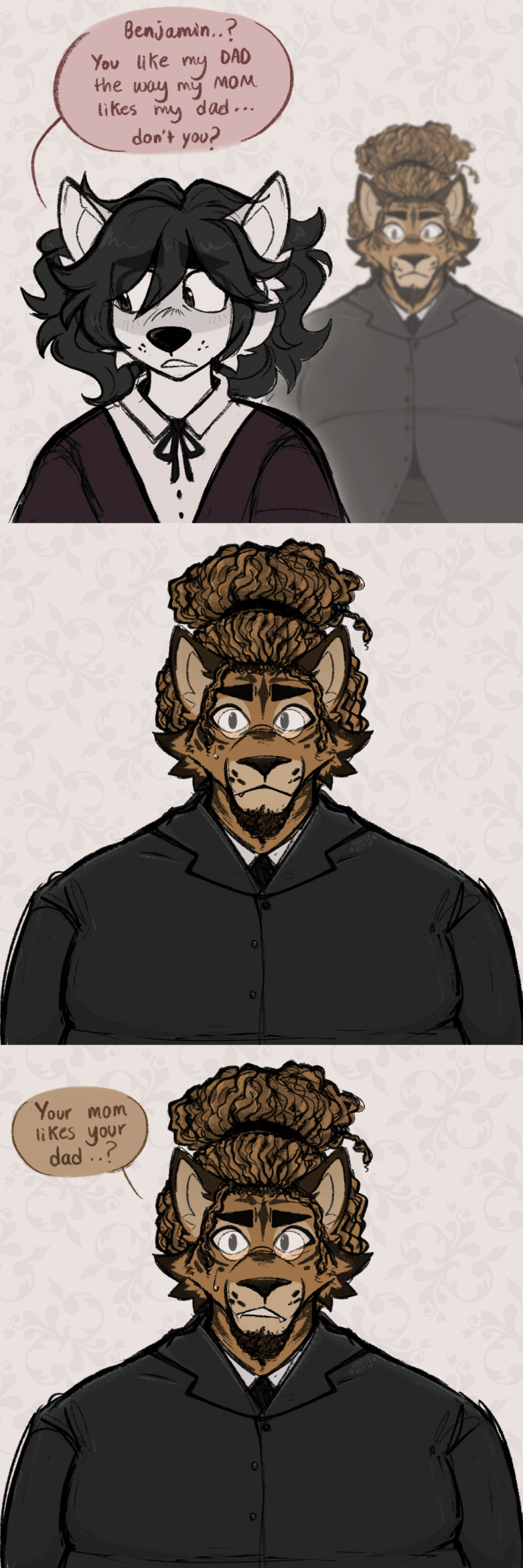 absurd_res ambiguous_gender anthro beard black_hair brown_body brown_fur canid canine canis clothed clothing comic dialogue domestic_dog dress_shirt duo eyewear facial_hair fan_character felid fur glasses hair hair_bun herding_dog hi_res humor hybrid inner_ear_fluff jacket male mammal moral_orel pantherine pastoral_dog pomeranian prick_ears scenebunny shirt speech_bubble spitz tiger topwear tuft welsh_corgi white_body white_fur