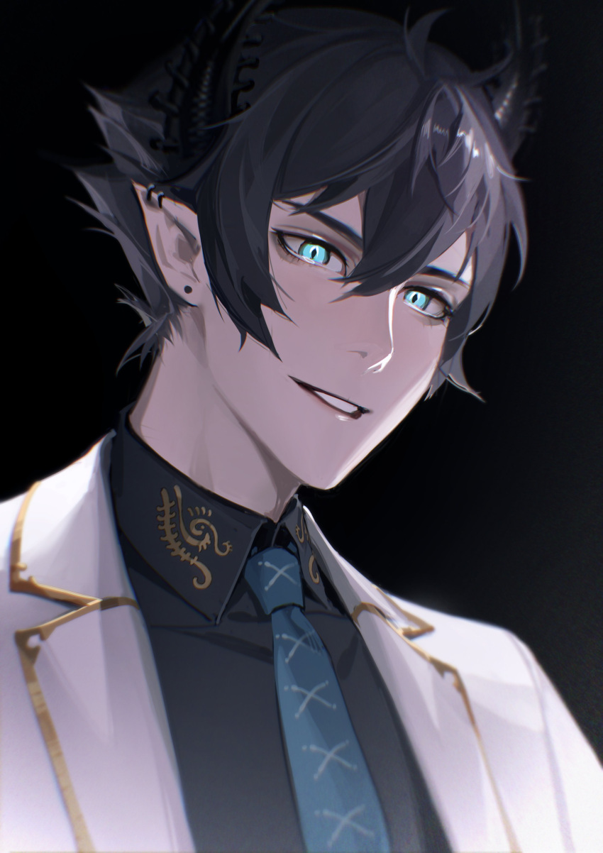 1boy absurdres aqua_eyes black_background black_hair black_horns black_shirt blurry collared_shirt depth_of_field ear_piercing earrings eyelashes green_necktie grin hair_between_eyes highres horns iluna_(nijisanji) jacket jewelry limart necktie nijisanji nijisanji_en piercing pointy_ears ren_zotto shirt short_hair sidelocks simple_background smile solo spiked_hair upper_body virtual_youtuber white_jacket wing_collar