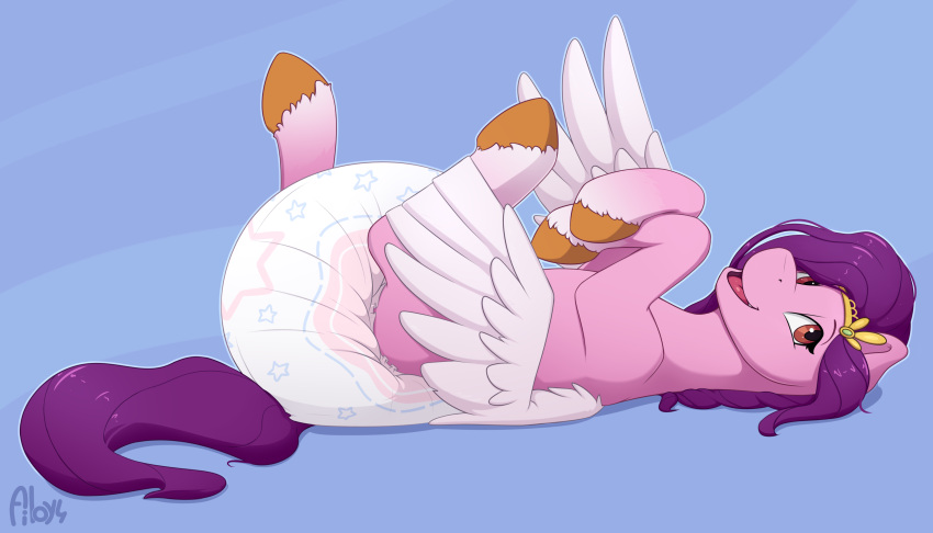 7:4 absurd_res ailoy4 big_diaper diaper equid equine female fur hair hasbro headpiece hi_res hooves lying mammal mlp_g5 my_little_pony on_back pegasus pink_body pink_fur pipp_petals_(mlp) poofy_diaper purple_eyes purple_hair wings