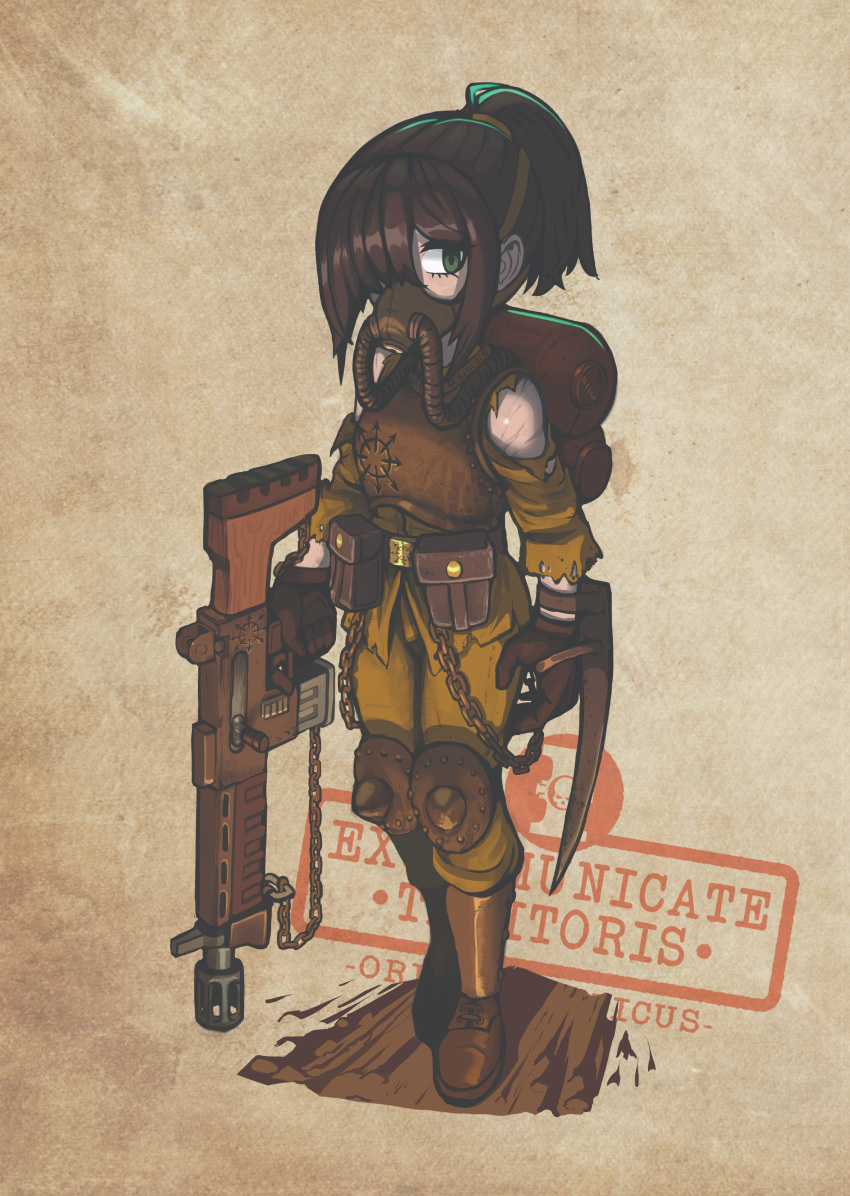 1girl absurdres backpack bag brown_hair chaos_(warhammer) erica_(naze1940) finger_on_trigger gloves green_eyes gun hair_over_one_eye highres holding holding_gun holding_weapon knee_pads lasgun shoulder_blades soldier solo torn_clothes warhammer_40k weapon