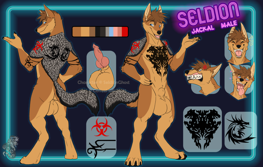 absurd_res anthro balls big_balls big_knot biohazard_symbol black-backed_jackal black_body black_fur brown_hair canid canine canis coffee-mutt(artist) dragon_tattoo fur genitals hair hi_res huge_balls jackal knot male mammal markings model_sheet neon_sign pawpads penis seldion_ghost(character) sign solo symbol tan_body tan_fur tattoo