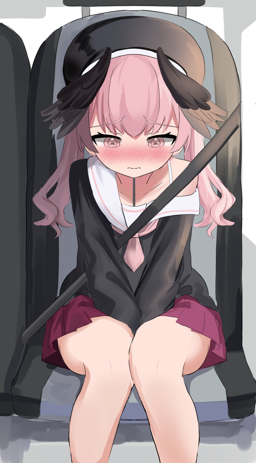 1girl beret between_legs black_headwear black_shirt black_wings blue_archive blush bra bra_strap car_interior closed_mouth collarbone commentary_request embarrassed feathered_wings flat_chest half-closed_eyes hand_between_legs hat have_to_pee head_wings highres ikasumi_pasta knees_together_feet_apart koharu_(blue_archive) long_hair long_sleeves looking_down miniskirt neckerchief nose_blush off_shoulder own_hands_together pink_eyes pink_hair pink_neckerchief pleated_skirt purple_skirt raised_eyebrows sailor_collar school_uniform seatbelt serafuku shirt sidelocks single_bare_shoulder sitting skirt solo straight-on twintails underwear v_arms white_bra white_sailor_collar wings