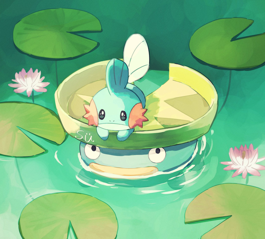 artist_name closed_mouth flower highres in_water lily_pad looking_at_viewer lotad mudkip no_humans partially_submerged pink_flower pokemon pokemon_(creature) su_(sajo_su5) water water_lily_flower