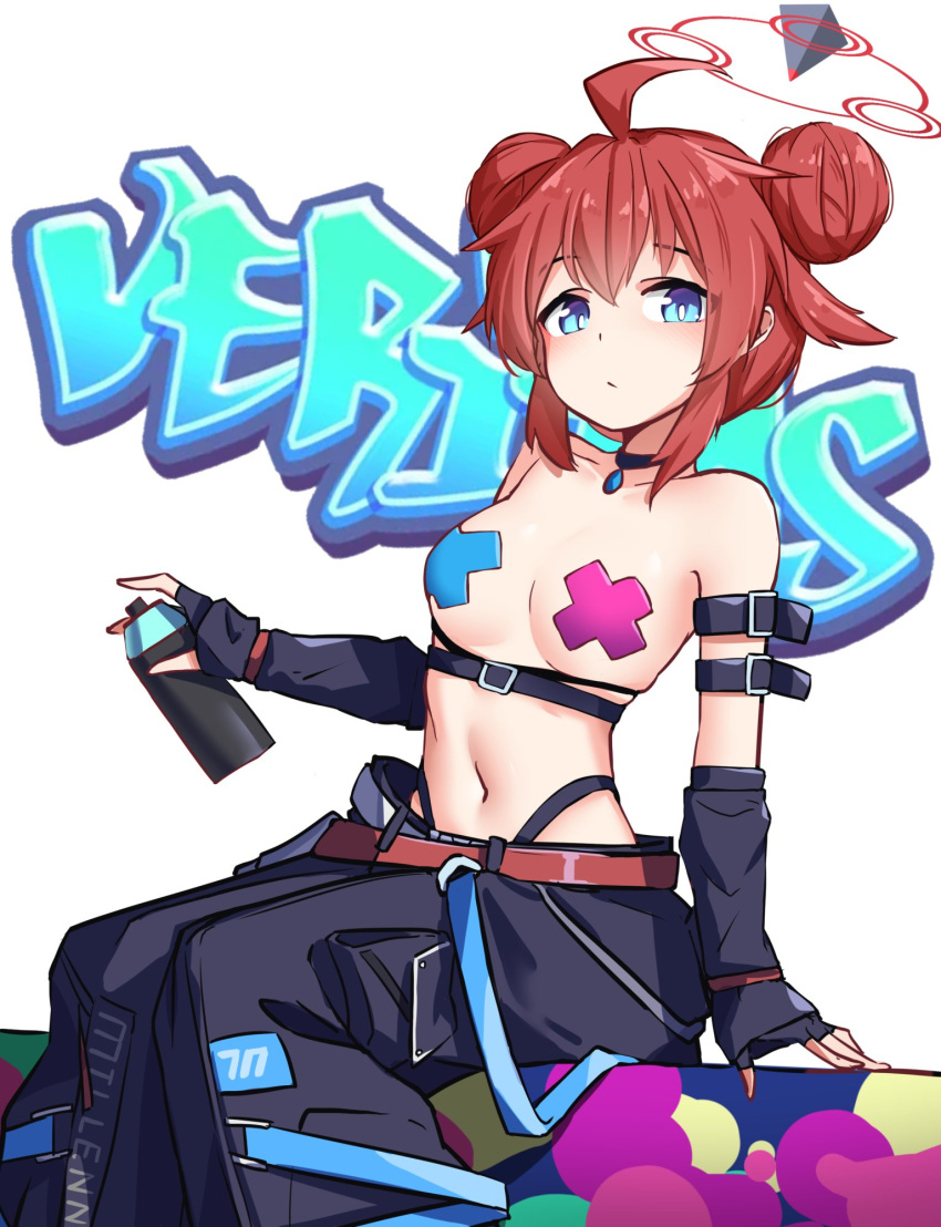 1girl :/ ahoge arm_belt arm_support bare_shoulders blue_archive blue_eyes blush breaaad breasts can closed_mouth cross_pasties detached_sleeves double_bun graffiti hair_bun halo highres holding holding_can looking_at_viewer maki_(blue_archive) medium_breasts pasties red_hair short_hair sidelocks sitting solo spray_can