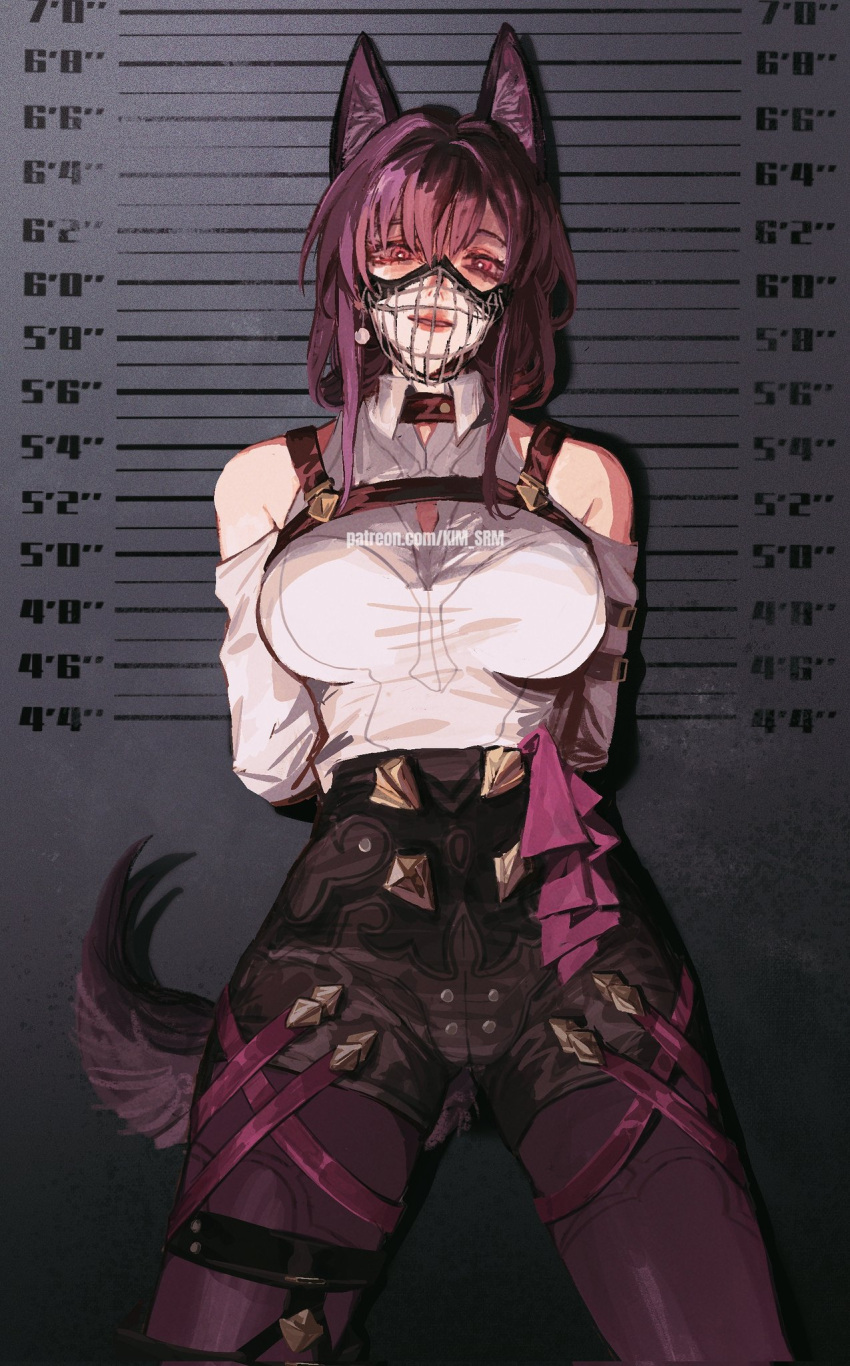 1girl animal_ears arms_behind_back artist_name black_shorts breasts chest_harness collared_shirt dog_ears dog_tail earrings english_commentary hair_between_eyes harness high-waist_shorts highres honkai:_star_rail honkai_(series) jewelry kafka_(honkai:_star_rail) kim_srm large_breasts long_hair looking_at_viewer muzzle pantyhose pantyhose_under_shorts purple_eyes purple_hair purple_pantyhose shirt shorts sidelocks solo tail white_shirt