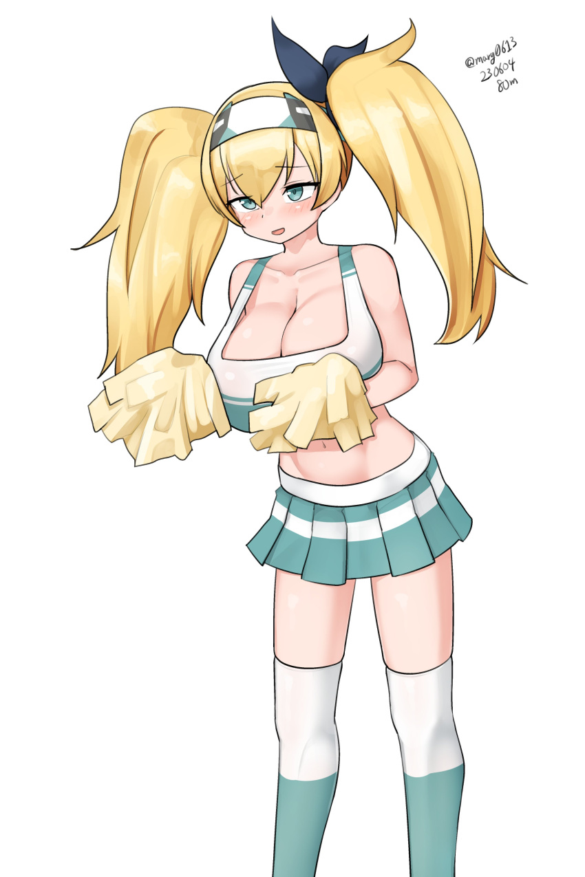 1girl absurdres alternate_costume blonde_hair blue_eyes breasts cheerleader cleavage crop_top dated feet_out_of_frame gambier_bay_(kancolle) green_sailor_collar hairband highres holding holding_pom_poms kantai_collection large_breasts maru_(marg0613) midriff one-hour_drawing_challenge pleated_skirt pom_pom_(cheerleading) sailor_collar skirt solo twintails twitter_username two-tone_thighhighs white_hairband