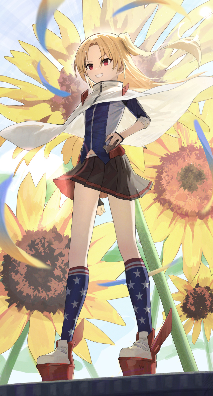 1girl absurdres azur_lane blonde_hair blue_shirt blue_socks cape cleveland_(azur_lane) commentary_request floral_background flower full_body grin hand_on_own_hip hidulume highres kneehighs looking_afar midriff_peek miniskirt one_side_up parted_bangs red_eyes shirt side_ponytail skirt smile socks solo standing star_(symbol) star_print sunflower teeth