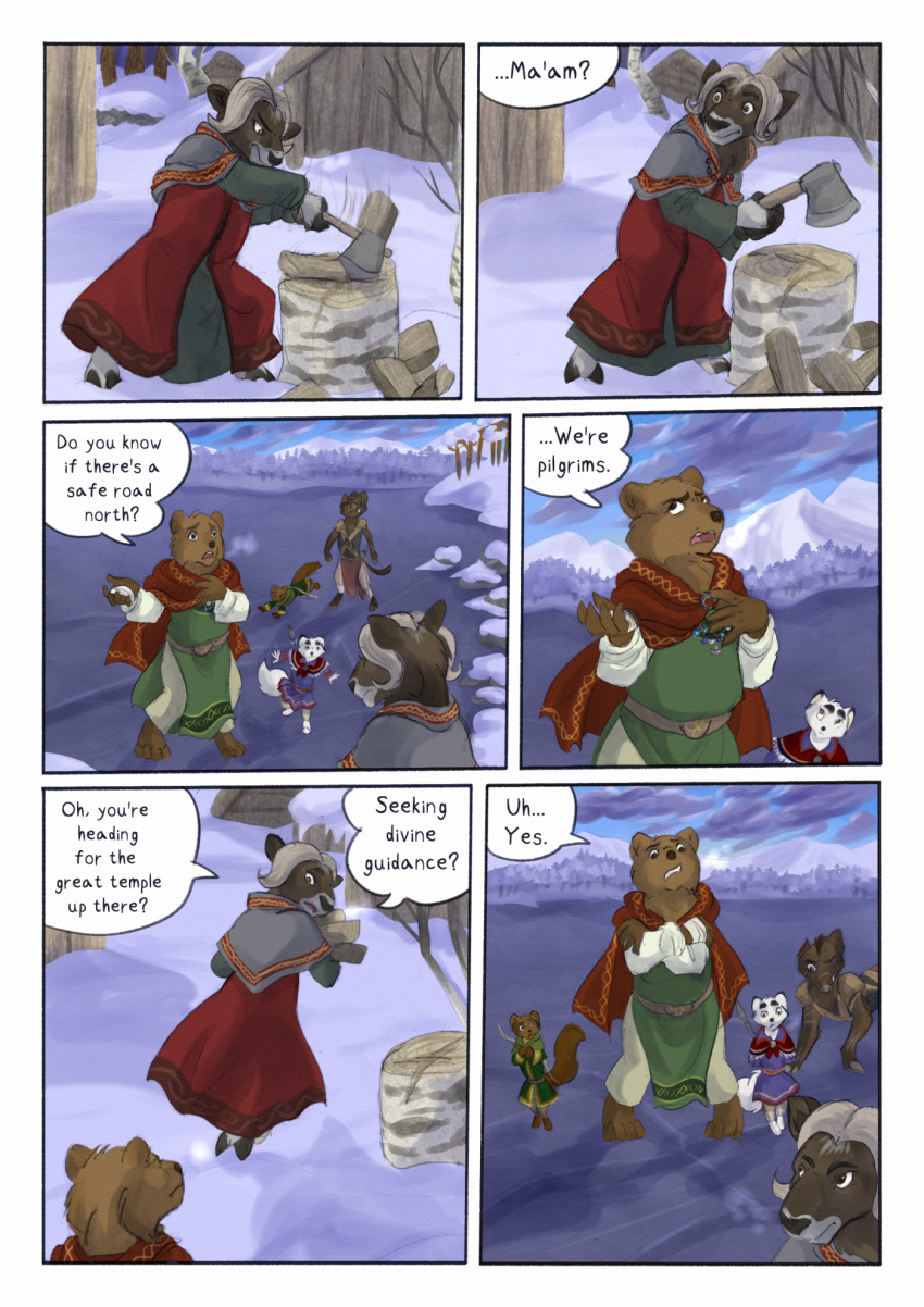 2022 5_fingers ambiguous_gender anthro arctic_fox bear biped bjekkergauken bow_(weapon) brown_bear brown_body brown_fur brown_tail canid canine clothed clothing colored comic dialogue dialogue_box english_text female fingers fox fur green_clothing group gulonine herja_(bjekkergauken) hi_res hillevi male mammal marten melee_weapon mustelid musteline outside pine_marten polearm purple_clothing ranged_weapon shirin_(bjekkergauken) size_difference spear speech_bubble suid suina sus_(pig) tail text unni_(bjekkergauken) ursine weapon white_body white_fur white_tail wild_boar