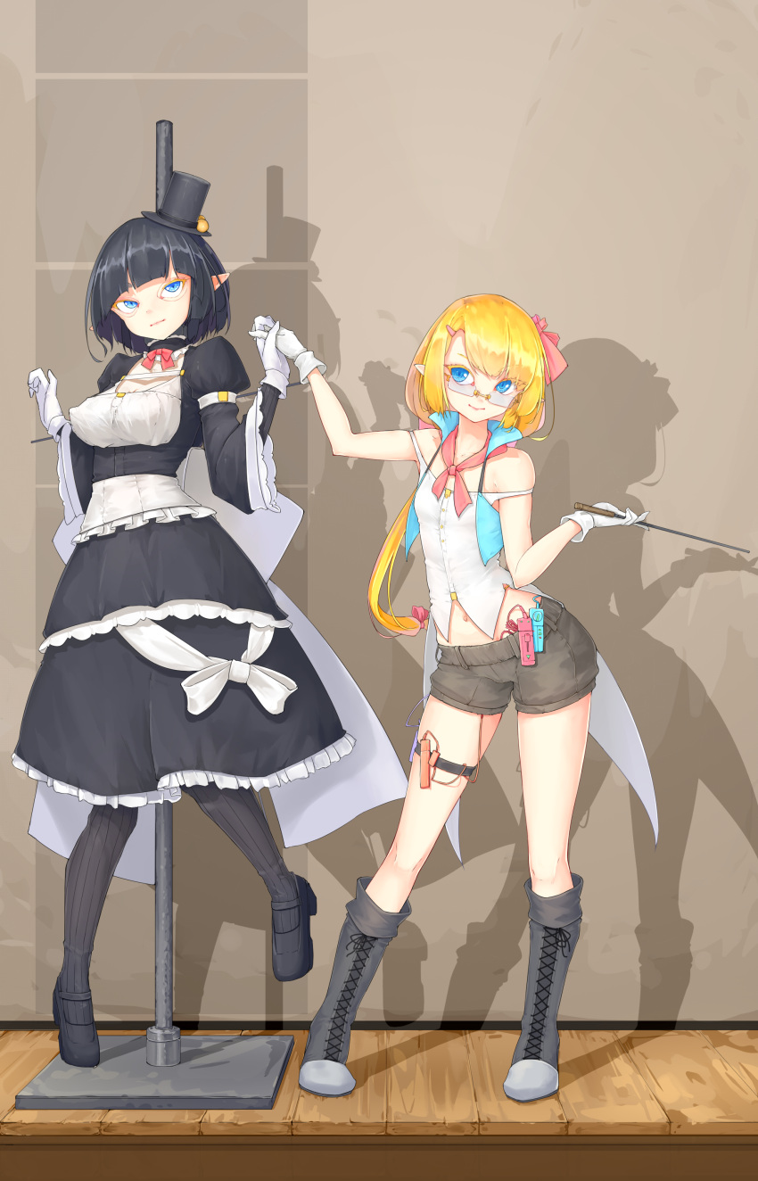 2girls absurdres back_bow bare_shoulders black_dress black_footwear black_hair blonde_hair blue_eyes boots bow covered_nipples dress dress_bow frilled_dress frills gloves grey_shorts hair_bow hair_ornament hairclip hat highres holding_hands huge_bow kearful knee_boots light_smile long_hair mini_hat mini_top_hat multiple_girls original pointer pointy_ears restrained rimless_eyewear sex_toy shirt short_hair short_shorts shorts stationary_restraints stealth_bondage striped striped_thighhighs thighhighs top_hat vertical-striped_thighhighs vertical_stripes vibrator vibrator_in_thighhighs vibrator_under_clothes white_bow white_gloves white_shirt wide_sleeves wooden_floor