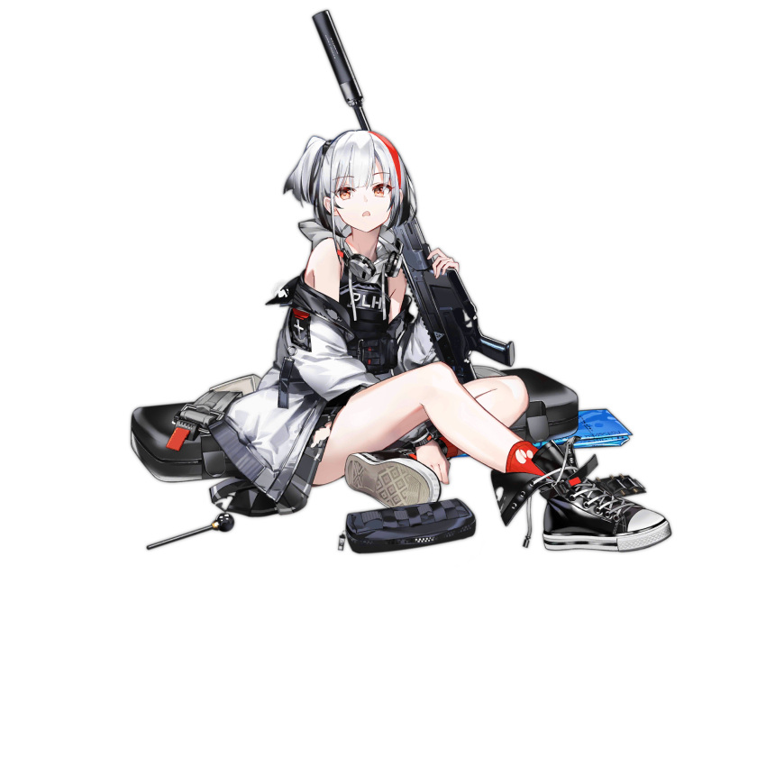 1girl black_bag black_footwear black_hair black_skirt black_vest colored_tips cross-laced_footwear crossed_legs fb_msbs_grot full_body girls'_frontline gun headphones highres holding holding_gun holding_weapon jacket load_bearing_vest long_sleeves looking_at_viewer msbs_(girls'_frontline) multicolored_hair object_request official_art open_clothes open_jacket open_mouth over_shoulder pleated_skirt red_eyes red_flowers red_hair red_socks shoes short_hair side_ponytail simple_background sitting skirt sneakers socks solo streaked_hair third-party_source torn_clothes torn_jacket torn_skirt torn_socks transparent_background vest weapon weapon_case weapon_over_shoulder white_hair white_jacket