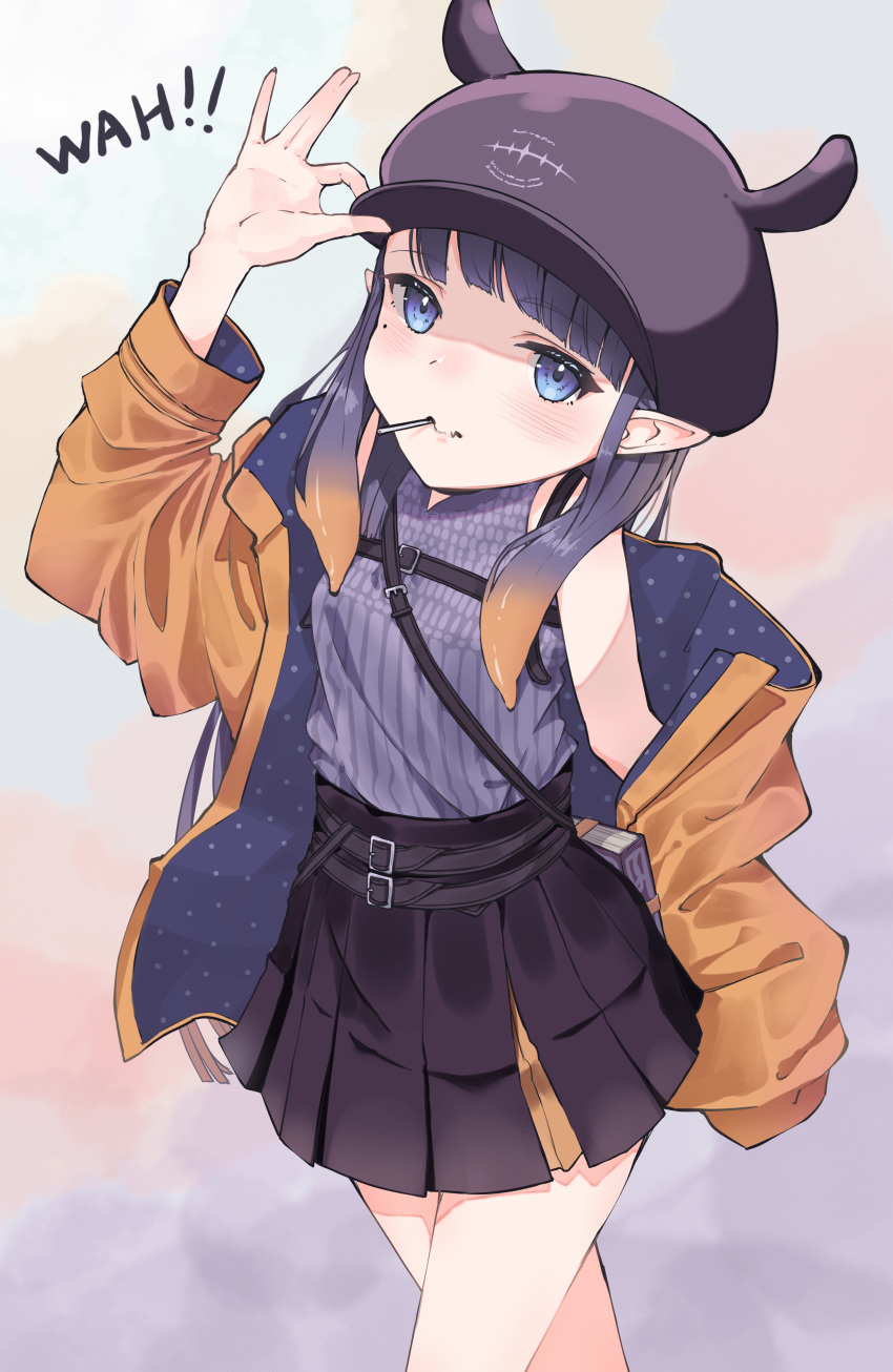 1girl absurdres ao-chan_(ninomae_ina'nis) ayamenma black_skirt blunt_bangs blush breasts hat high-waist_skirt highres hololive hololive_english jacket long_hair looking_at_viewer mole mole_under_eye ninomae_ina'nis pointy_ears purple_eyes purple_hair purple_headwear purple_jacket purple_shirt shirt skirt sleeveless sleeveless_shirt small_breasts smile solo tentacle_hair two-sided_fabric two-sided_jacket virtual_youtuber wah yellow_jacket