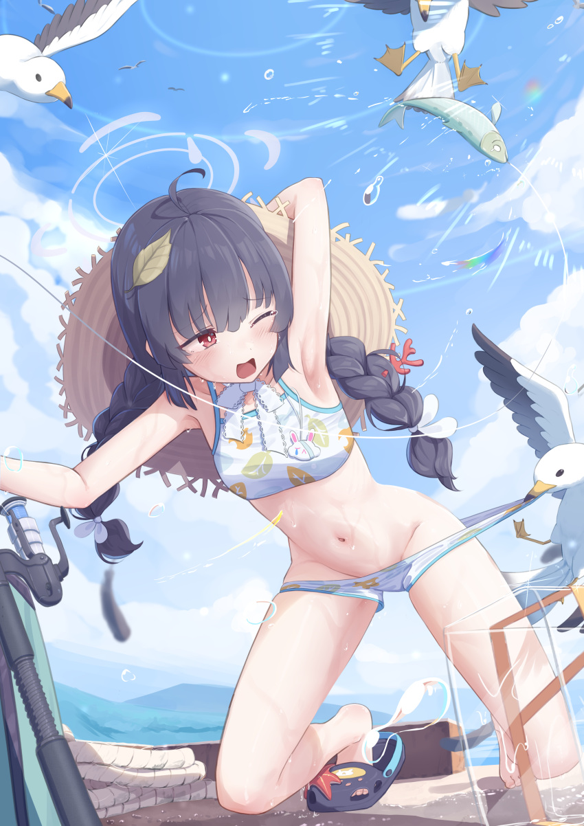 1girl absurdres ahoge arm_up bikini bird black_footwear black_hair blue_archive blue_sky blush breasts brown_headwear chinese_commentary commentary_request coral crocs grey_halo groin halo hat hat_around_neck highres kneeling leaf_print miyu_(blue_archive) miyu_(swimsuit)_(blue_archive) navel official_alternate_costume one_eye_closed open_mouth outdoors petite print_bikini red_eyes sky small_breasts solo starfish straw_hat swimsuit t-hou white_bikini