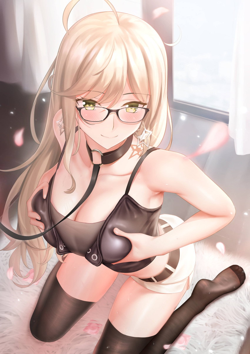 1girl absurdres ahoge bare_shoulders belt besmiled black_belt black_collar blonde_hair blush breasts brown_thighhighs cleavage closed_mouth collar curtains earrings falling_petals glasses grabbing_own_breast highres jewelry kneeling large_breasts leash long_hair looking_at_viewer missouri_(warship_girls_r) no_shoes o-ring o-ring_collar petals rug shorts smile solo star_(symbol) star_earrings thighhighs thighs warship_girls_r white_shorts yellow_eyes