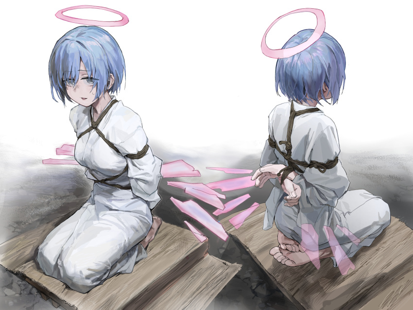 1girl a_tea arknights arms_behind_back bdsm blue_hair bondage bound breasts detached_wings disembodied_limb energy_wings full_body halo highres how_to japanese_clothes looking_at_viewer medium_breasts multiple_views seiza shibari short_hair sitting spuria_(arknights) wings yellow_eyes