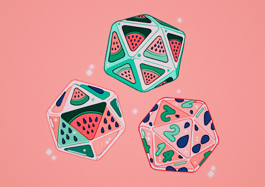 absurdres dice food fruit highres icosahedron meyoco no_humans original pink_background simple_background sparkle watermelon