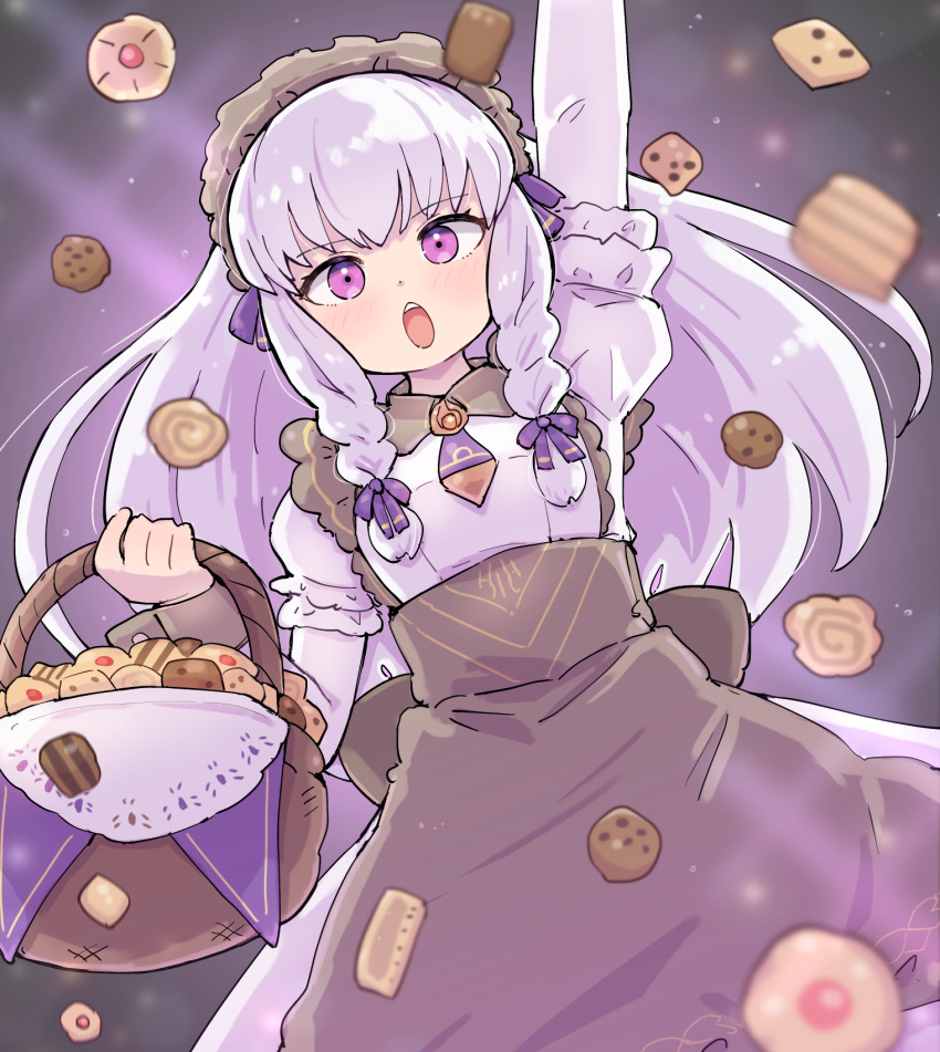 1girl apron basket braided_sidelock brown_apron cookie dress fire_emblem fire_emblem:_three_houses fire_emblem_heroes food frilled_dress frills highres holding holding_basket kutabireta_neko looking_at_viewer lysithea_von_ordelia lysithea_von_ordelia_(tea_party) maid maid_headdress official_alternate_costume official_alternate_hairstyle open_mouth purple_eyes solo teeth upper_body upper_teeth_only white_dress white_hair