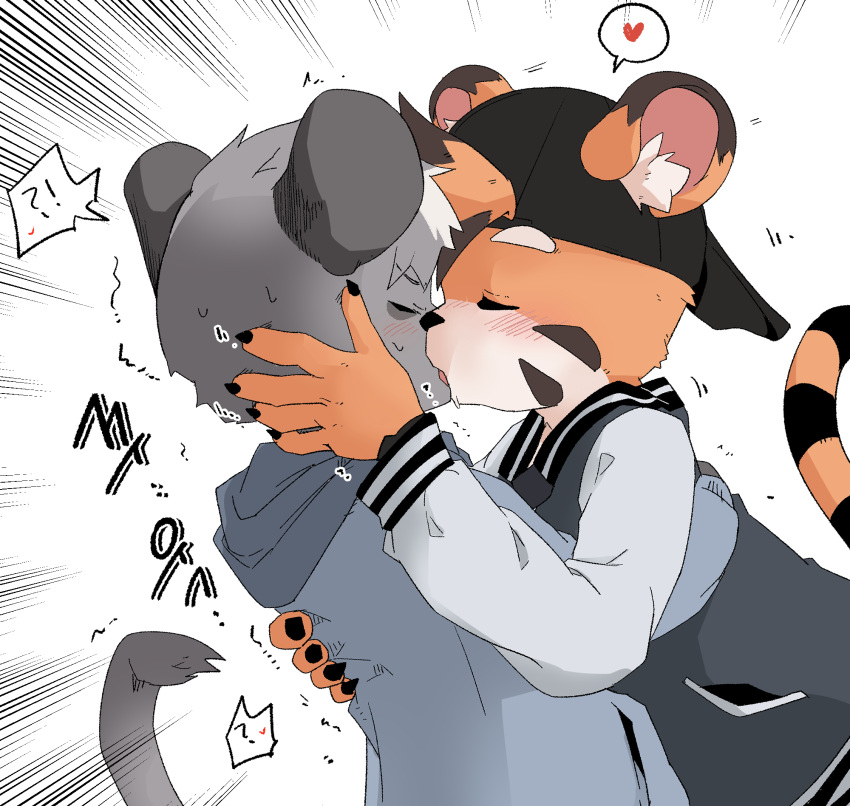 2boys backwards_hat baseball_cap blush child_on_child cub french_kiss furry furry_male furry_with_furry hand_on_another's_head hat heart highres interspecies joseph_mathias kiss male_focus multiple_boys original simple_background spoken_expression spoken_heart tiger_boy white_background yaoi