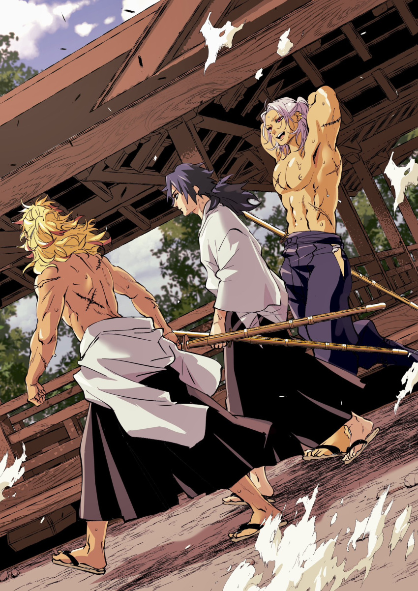 3boys abs architecture arms_behind_head black_hair black_hakama blonde_hair blue_hakama building ceiling closed_mouth clothes_down colored_tips cross_scar day dutch_angle earclip east_asian_architecture facing_away from_side grey_hair hakama half_updo highres holding holding_sword holding_weapon japanese_clothes kimetsu_no_yaiba long_hair long_sleeves looking_at_another male_focus medium_hair multicolored_hair multiple_boys muscular muscular_male navel nipples nyapon open_mouth outdoors ponytail profile railing red_eyes red_hair rengoku_kyoujurou road scar scar_on_arm scar_on_back scar_on_chest scar_on_stomach sky streaked_hair sweat sword tomioka_giyuu topless_male torn_paper uzui_tengen walking weapon wide_sleeves wooden_sword zouri