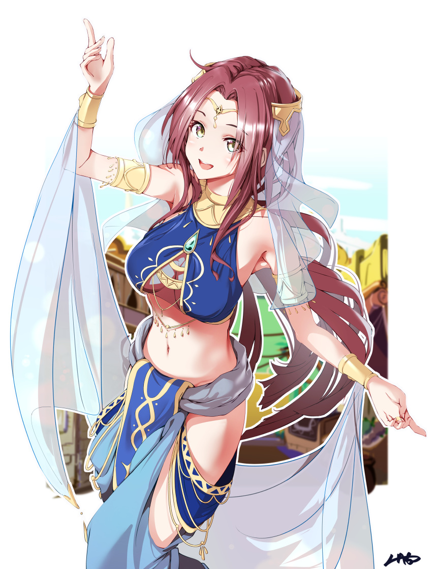 1girl :d absurdres armlet breasts brown_hair circlet cleavage dancer feathermage floating_hair hair_intakes highres long_hair medium_breasts midriff navel open_mouth outline pelvic_curtain princess_connect! ruka_(princess_connect!) simple_background smile solo standing stomach very_long_hair white_background white_outline white_veil yellow_eyes