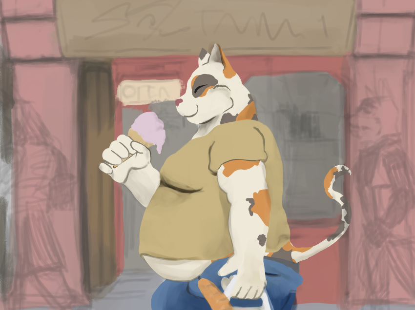 2019 5_fingers anthro background_character baguette belly big_belly black_clothing black_underwear blue_bottomwear blue_clothing blue_pants bottomwear bread calico_cat clothing dessert detailed_background digital_drawing_(artwork) digital_media_(artwork) domestic_cat english_text eyes_always_closed eyes_closed felid feline felis fingers food fur guide_lines hi_res holding_bag holding_food holding_ice_cream_cone holding_object holding_shopping_bag ice_cream ice_cream_cone kotto_(nobodyshouse) male mammal moobs muffin_top nobodyshouse obese obese_anthro obese_male outside overweight overweight_anthro overweight_male pants shirt shopping_bag side_view sketch smile solo solo_focus store t-shirt tail tan_clothing tan_shirt tan_t-shirt tan_topwear text topwear underwear walking wardrobe_malfunction white_body white_fur