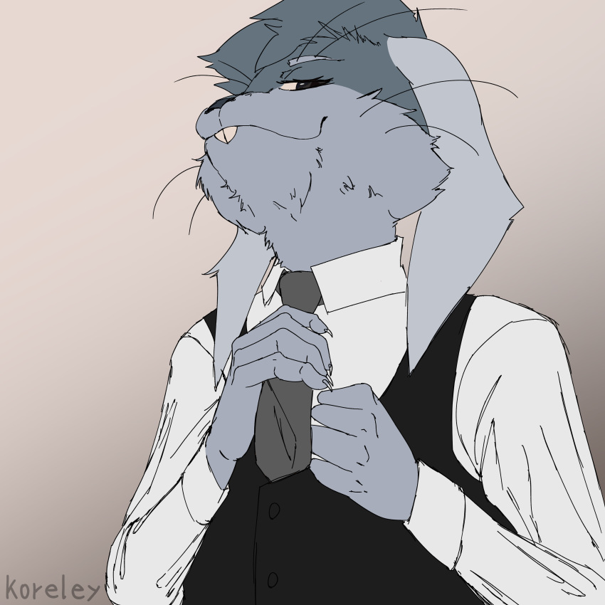 absurd_res ambiguous_gender anthro clothed clothing digital_media_(artwork) domestic_rabbit floppy_ears fur hair hi_res lagomorph leporid looking_at_viewer looking_down lop_ears lop_rabbit male mammal necktie oryctolagus ourobunny rabbit shirt simple_background smile smirk solo suit teeth topwear