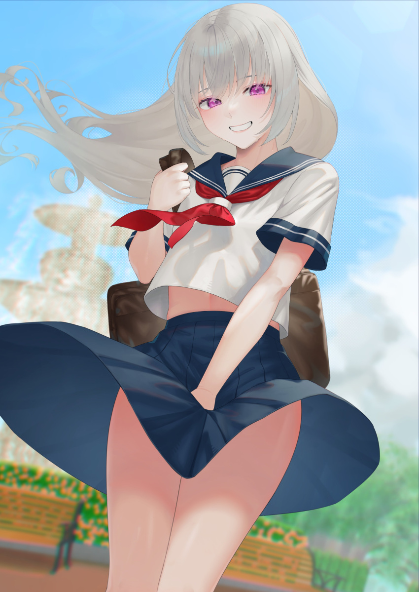 1girl absurdres black_bag blue_sailor_collar blue_skirt blue_sky cloud day fountain highres long_hair looking_at_viewer midriff_peek neckerchief original outdoors pink_eyes pleated_skirt red_neckerchief rushian sailor_collar school_uniform serafuku short_sleeves skirt sky smile solo teeth white_hair white_serafuku