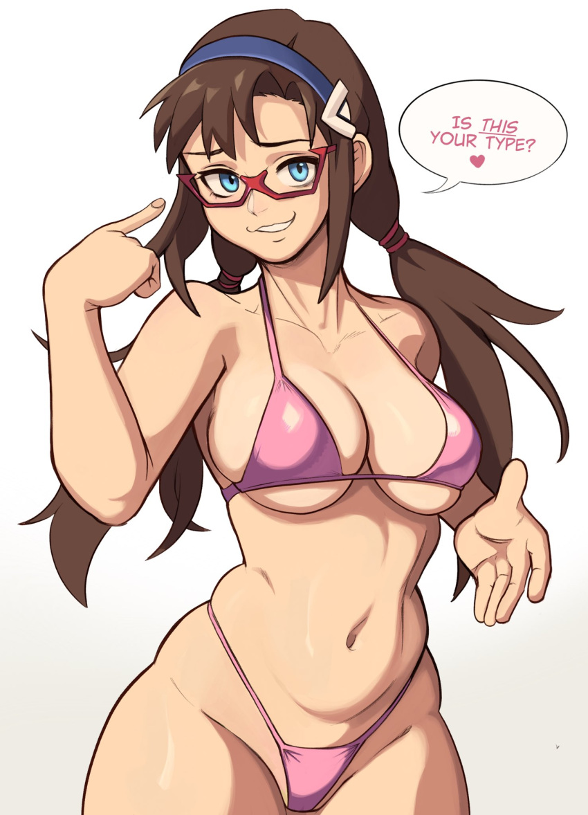 1girl bikini blue_eyes blue_hairband breasts brown_hair cleavage commentary english_text evangelion:_2.0_you_can_(not)_advance evangelion:_3.0_you_can_(not)_redo fingernails glasses hairband highleg highleg_bikini highres interface_headset large_breasts long_hair low_twintails makinami_mari_illustrious micro_bikini milkmountain navel neon_genesis_evangelion pink_bikini pointing pointing_at_self rebuild_of_evangelion red-framed_eyewear semi-rimless_eyewear smirk solo speech_bubble swimsuit symbol-only_commentary twintails under-rim_eyewear underboob