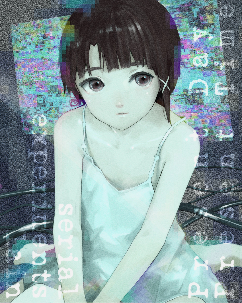 1girl absurdres araki_rakka bare_shoulders barefoot brown_eyes brown_hair cable closed_mouth commentary copyright_name dress english_commentary english_text expressionless film_grain flat_chest glitch hands_on_lap highres iwakura_lain looking_afar nightgown on_ground own_hands_together serial_experiments_lain single_sidelock sitting sleeveless sleeveless_dress solo spaghetti_strap v_arms wariza white_dress