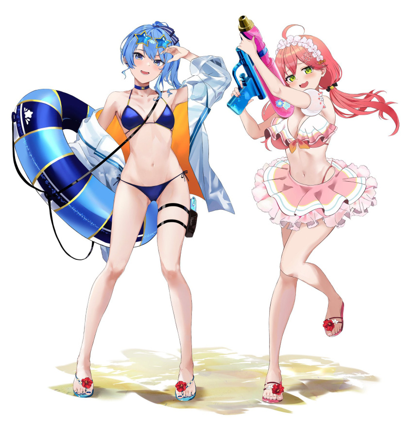 2girls :3 ahoge alternate_costume arm_up armpits ass_visible_through_thighs aya02ka bikini bikini_skirt blue_bikini blue_nails breasts eyewear_on_head feet frilled_bikini frilled_hairband frilled_skirt frills full_body gold_trim grey_shirt hairband highres holding hololive hoshimachi_suisei innertube large_breasts legs long_hair long_sleeves looking_at_viewer multiple_girls nail_polish navel off_shoulder open_clothes open_mouth open_shirt pink_bikini pink_hair sakura_miko sandals shadow shirt side_ponytail sidelocks simple_background skirt small_breasts standing standing_on_one_leg star-shaped_eyewear sunglasses swimsuit thigh_pouch thighs toenail_polish toenails toes twintails virtual_youtuber water_gun white_background