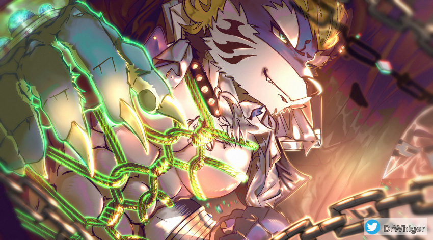 1boy animal_ears aura bara bdsm blonde_hair blue_eyes blue_fur bondage bound chain dr_whiger fenrir_(housamo) fighting_stance fingernails foreshortening from_below furry furry_male highres large_pectorals looking_to_the_side male_focus mohawk muscular muscular_male pectorals rope sharp_fingernails short_hair smirk solo thick_eyebrows tokyo_afterschool_summoners two-tone_fur white_fur wolf_boy wolf_ears
