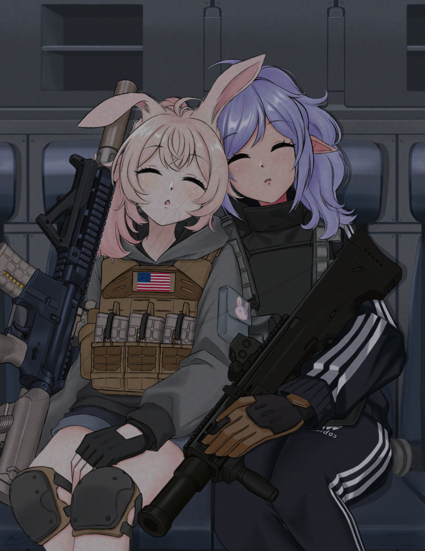 2girls ahoge american_flag animal_ears assault_rifle blush closed_eyes english_commentary fingerless_gloves gloves gun highres hood hoodie indie_virtual_youtuber lazy_revenant leaning_on_person long_hair long_sleeves m4_carbine magazine_(weapon) multiple_girls open_mouth phase_connect pink_hair pipkin_pippa plate_carrier pointy_ears purple_hair rabbit_ears rabbit_girl rifle sleeping sleepy_project virtual_youtuber weapon weapon_request