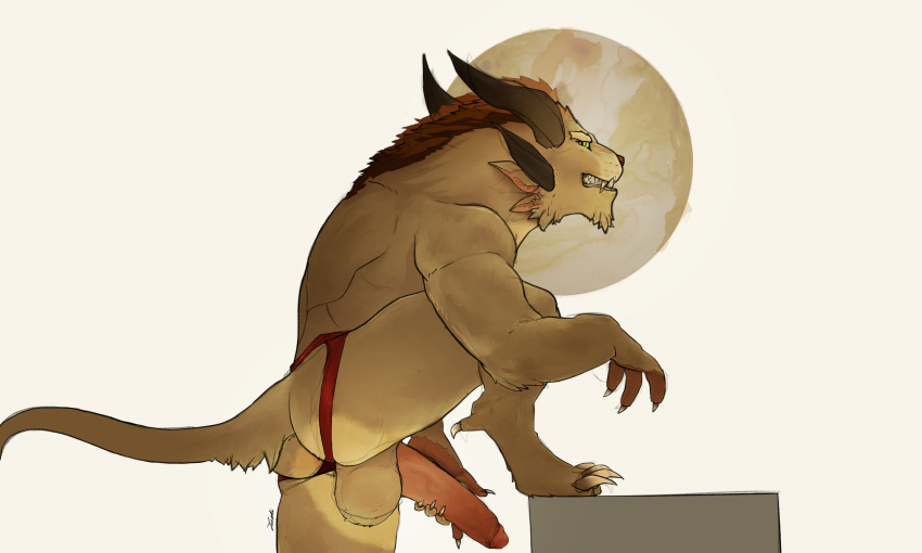 2023 4_ears 4_horns anthro balls big_balls biped brown_hair butt charr claws dewclaw digital_media_(artwork) erection fangs felid finger_claws fur genitals guild_wars hair hand_on_own_penis hi_res horn humanoid_genitalia humanoid_penis looking_at_viewer male mammal monotone_body monotone_fur multi_ear multi_horn penis ryland_steelcatcher simple_background solo step_pose tan_body tan_fur teeth toe_claws tuski white_background