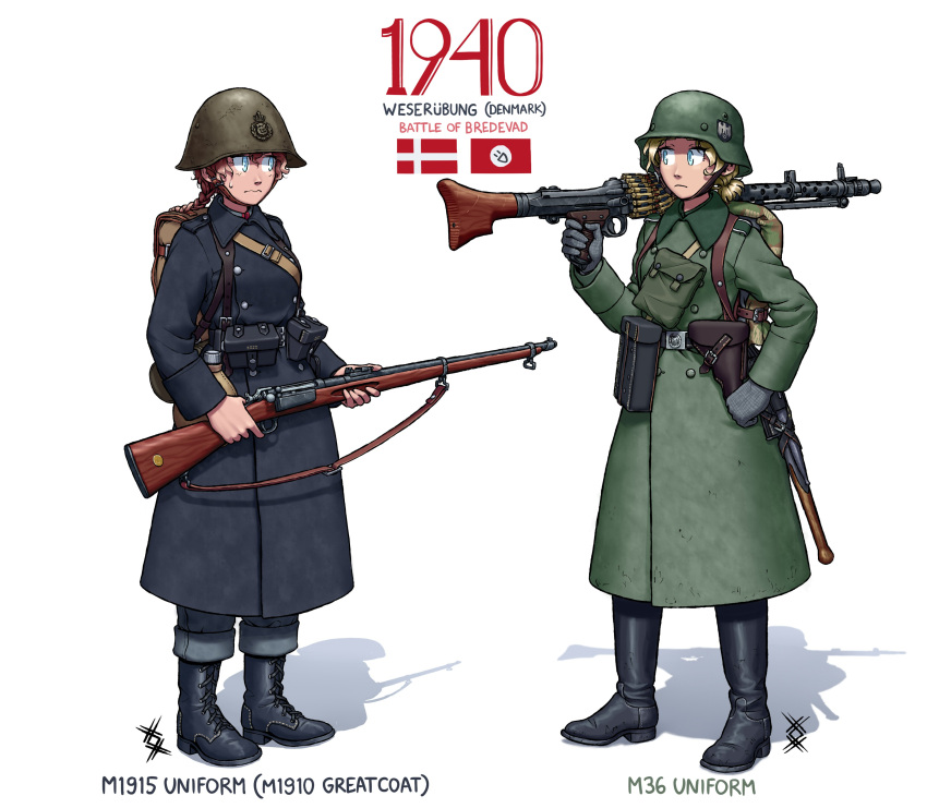 2girls absurdres ammunition_belt ammunition_pouch belt blonde_hair blue_eyes boots braid braided_ponytail censored censored_symbol coat combat_helmet danish_army danish_flag danish_uniform denmark gas_mask_canister german_army germany gloves greatcoat gun gun_sling hand_on_own_hip helmet highres holding holding_gun holding_weapon krag_jorgensen long_hair long_sleeves machine_gun mg34 military military_uniform multiple_girls original ostwindprojekt pouch rifle single_braid soldier stahlhelm uniform weapon wehrmacht world_war_ii