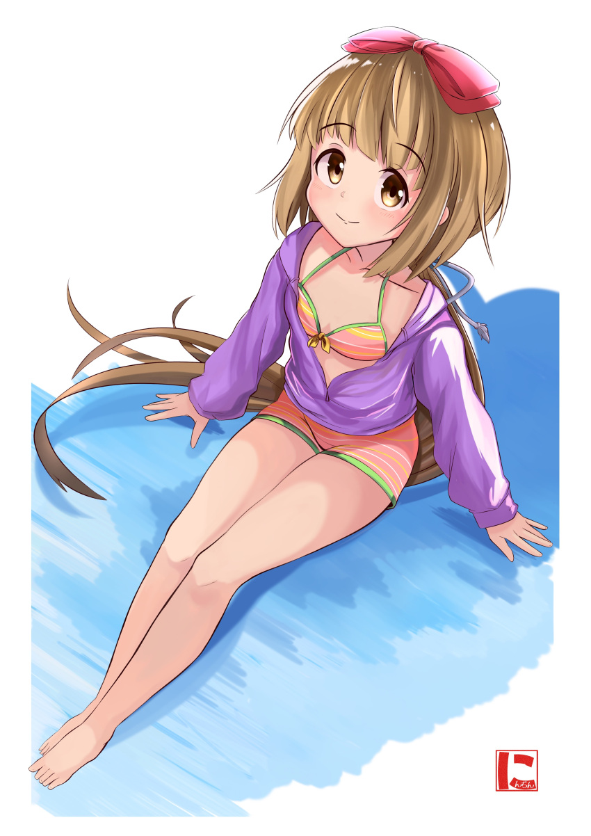 1girl absurdres barefoot bikini bikini_shorts blush bow breasts brown_eyes brown_hair carrot_(jetcarrot) closed_mouth collarbone from_above full_body hair_bow hair_ribbon highres idolmaster idolmaster_cinderella_girls idolmaster_cinderella_girls_starlight_stage jacket long_hair long_sleeves looking_at_viewer looking_up multicolored_bikini multicolored_clothes partially_unzipped ponytail purple_jacket red_ribbon ribbon shorts signature sitting small_breasts smile solo swimsuit toes very_long_hair yorita_yoshino