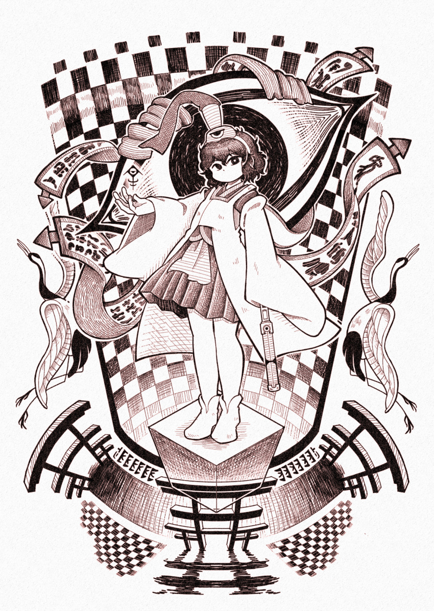 1other androgynous bird checkered_background chikafumikou crane_(animal) cube detached_sleeves eyeball full_body greyscale hakama hakama_short_skirt hakama_skirt hat hat_ribbon headband highres holding_rod japanese_clothes kariginu len'en long_sleeves looking_at_viewer monochrome no_mouth ofuda ofuda_on_clothes outstretched_hand ribbon senri_tsurubami short_hair skirt sleeves_past_wrists tabi torii white_background wide_sleeves