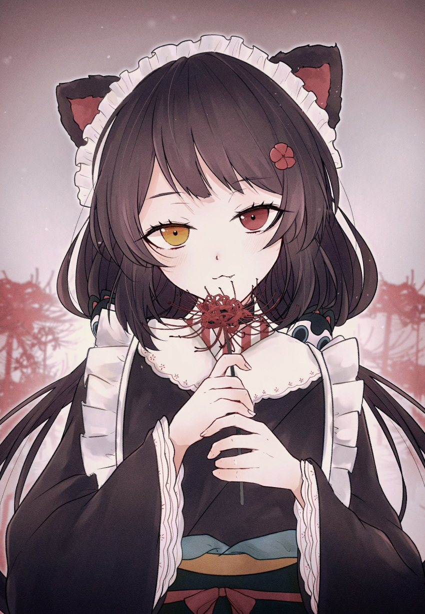 1girl animal_ears black_kimono brown_hair dog_ears dog_girl flower heterochromia highres inui_toko inui_toko_(1st_costume) japanese_clothes kimono low_twintails maid maid_headdress nijisanji red_eyes solo spider_lily swept_bangs tentashi twintails virtual_youtuber wa_maid wide_sleeves yellow_eyes