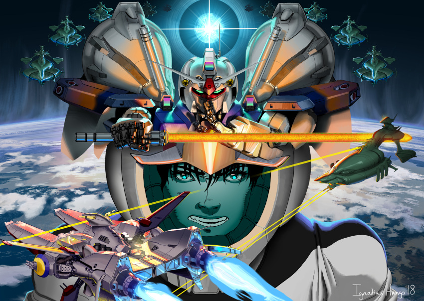 2018 absurdres albion_(gundam) angry battle beam_saber cloud dated earth_(planet) earth_federation_space_forces energy_beam energy_cannon english_commentary fleet glowing gundam gundam_0083 gundam_gp-03_stamen helmet highres iggytek in_orbit kou_uraki looking_at_viewer machinery mecha mobile_suit musai open_mouth pilot_suit planet robot science_fiction signature space spacecraft spacesuit teeth thrusters turret zeon