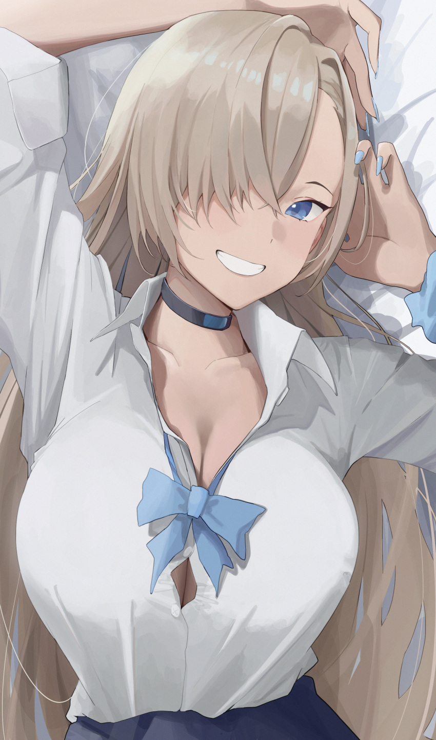 1girl absurdres arms_up asuna_(blue_archive) asymmetrical_bangs black_choker blonde_hair blue_archive blue_bow blue_bowtie blue_eyes bow bowtie breasts button_gap choker cleavage collarbone collared_shirt commentary dress_shirt edible_sus from_above grin hair_over_one_eye highres large_breasts long_hair looking_at_viewer lying no_bra on_back on_bed scrunchie shirt shirt_tucked_in smile solo upper_body wing_collar wrist_scrunchie