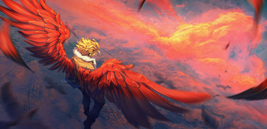 1boy above_clouds bird black_bird blonde_hair blurry blurry_foreground boku_no_hero_academia chromatic_aberration city cloud commentary depth_of_field emily_ooi english_commentary falling_feathers feathered_wings feathers film_grain flock flying from_above from_behind full_body fur-trimmed_jacket fur_trim hawks_(boku_no_hero_academia) headphones highres instagram_username jacket light male_focus messy_hair midair outdoors pants perspective pink_clouds red_feathers red_wings short_hair solo spread_wings sunlight twilight twitter_username wide_shot wings wings_through_clothes yellow_jacket