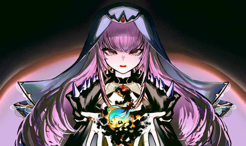 1girl absurdres black_cape black_dress blunt_bangs breasts cape cleavage commission dress feathers highres holding hololive hololive_english large_breasts long_dress long_hair looking_at_viewer mori_calliope mori_calliope_(1st_costume) open_mouth pink_hair pungson_mori red_eyes shoulder_spikes sleeveless sleeveless_dress solo spikes straight_hair tiara torn_cape torn_clothes veil virtual_youtuber