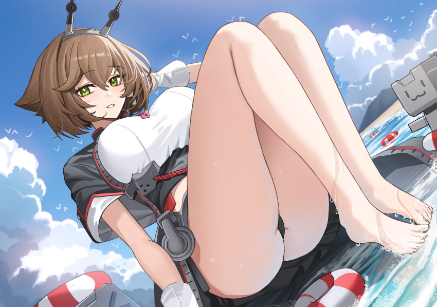 1girl absurdres arm_behind_head ass bare_legs barefoot beach bird black_coat black_panties black_skirt breasts brown_hair coat commission crop_top from_below full_body gloves green_eyes grin hair_between_eyes hand_on_own_head hand_up head_wings heart_lock_(kantai_collection) highres innertube jeze kantai_collection knees_up large_breasts legs legs_together looking_at_viewer looking_down midriff miniskirt mutsu_(kancolle) ocean open_clothes open_coat outdoors panties pixiv_commission pleated_skirt seagull short_hair short_sleeves skirt smile soaking_feet solo thighs underwear upskirt wet white_gloves wings