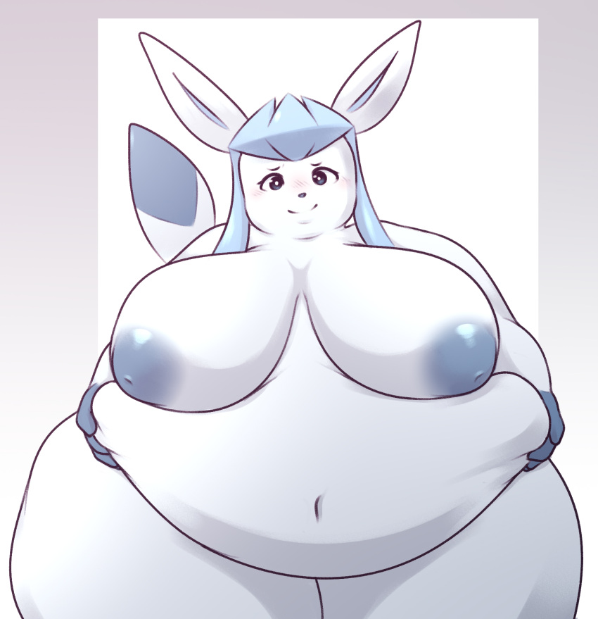 2023 anthro areola belly belly_grab big_belly big_breasts blue_areola blue_eyes blue_nipples breasts eeveelution female generation_4_pokemon glaceon hand_on_stomach hi_res kelpu_(artist) looking_at_viewer navel nintendo nipples nude obese obese_anthro obese_female overweight overweight_anthro overweight_female pokemon pokemon_(species) simple_background smile solo thick_thighs wide_hips